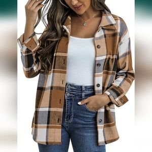 Women's Flannel Jacket Plaid Shacket Lapel Button Down Long Sleeve Shirt